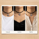 Silver Tone Sun Pendant Black Cord Choker Necklace Adjustable Boho Necklace