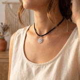 Silver Tone Sun Pendant Black Cord Choker Necklace Adjustable Boho Necklace