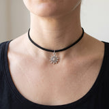 Silver Tone Sun Pendant Black Cord Choker Necklace Adjustable Boho Necklace