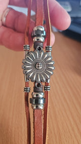 Multi Strand Bracelet Daisy Flower Charm Silver Tone Leather - Brown Bracelet