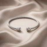 Silver Tone Twisted Wire Bangle Bracelet Open Cuff Ball Ends Adjustable Bracelet