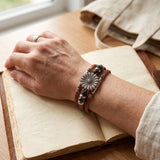 Multi Strand Bracelet Daisy Flower Charm Silver Tone Leather - Brown Bracelet