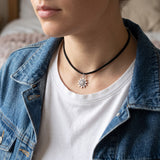 Silver Tone Sun Pendant Black Cord Choker Necklace Adjustable Boho Necklace