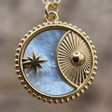 Celestial Necklace Sun Star Coin Necklace Pearl Effect Gold Tone Chain Necklace