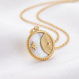 Celestial Necklace Sun Star Coin Necklace Pearl Effect Gold Tone Chain Necklace