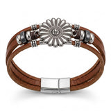 Multi Strand Bracelet Daisy Flower Charm Silver Tone Leather - Brown Bracelet