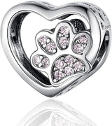 925 Sterling Silver Paw Print Heart Charm Bracelet Cat Dog Pet Lover Birthday UK