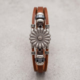 Multi Strand Bracelet Daisy Flower Charm Silver Tone Leather - Brown Bracelet