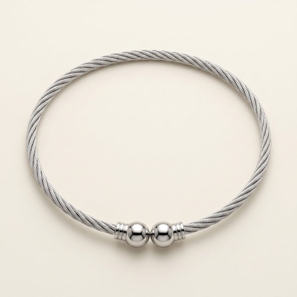 Silver Tone Twisted Wire Bangle Bracelet Open Cuff Ball Ends Adjustable Bracelet