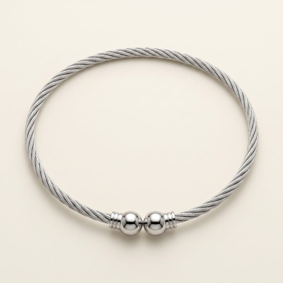 Silver Tone Twisted Wire Bangle Bracelet Open Cuff Ball Ends Adjustable Bracelet