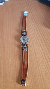 Multi Strand Bracelet Daisy Flower Charm Silver Tone Leather - Brown Bracelet