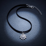 Silver Tone Sun Pendant Black Cord Choker Necklace Adjustable Boho Necklace