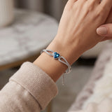Blue Heart Bangle Bracelet Silver Tone Crystal Bracelet for Women Adjustable