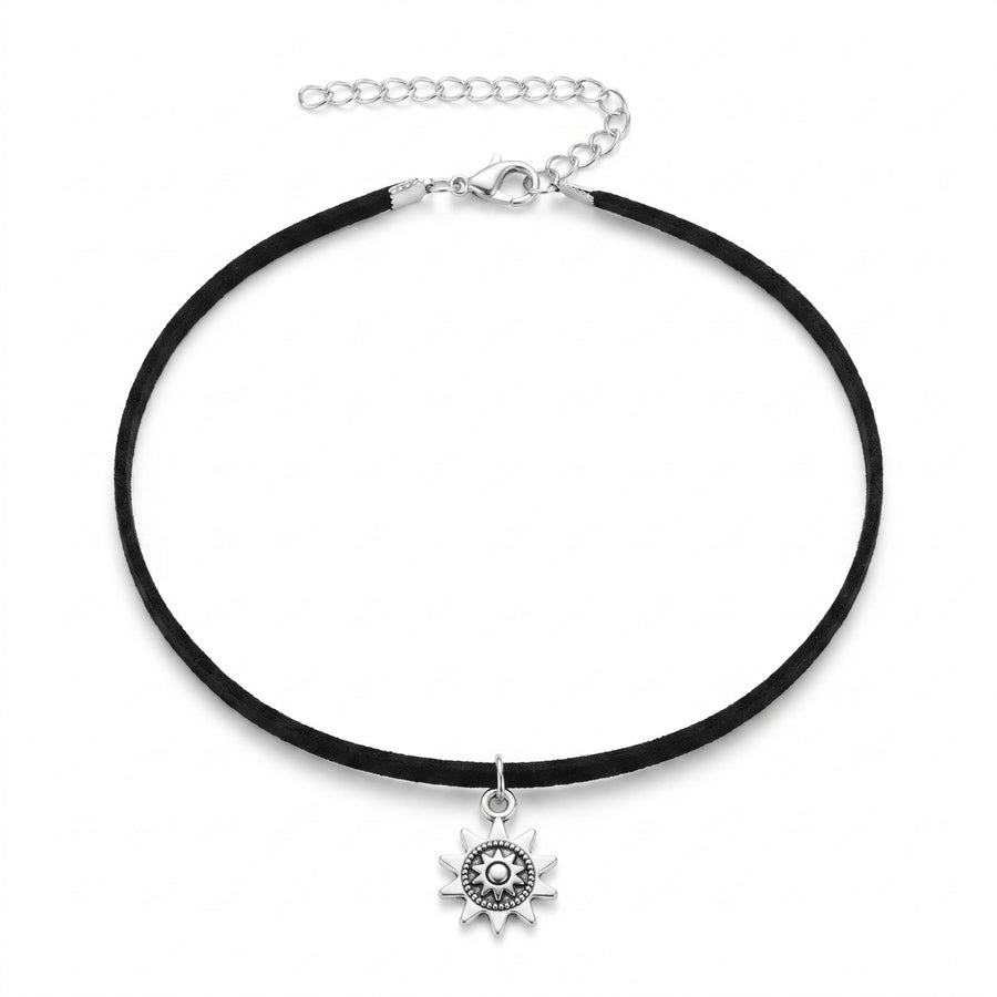 Silver Tone Sun Pendant Black Cord Choker Necklace Adjustable Boho Necklace