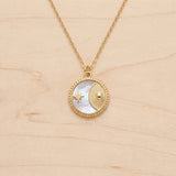 Celestial Necklace Sun Star Coin Necklace Pearl Effect Gold Tone Chain Necklace