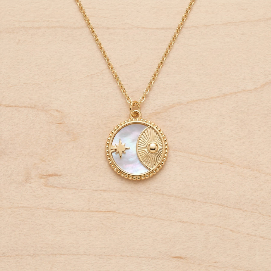 Celestial Necklace Sun Star Coin Necklace Pearl Effect Gold Tone Chain Necklace