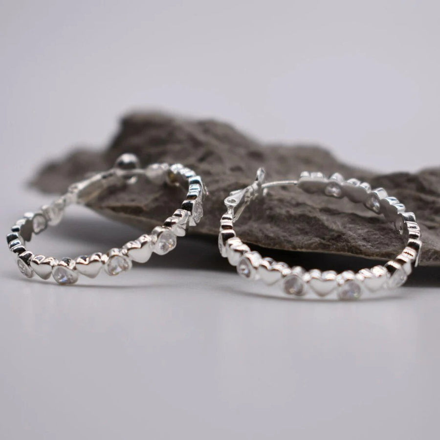 Rhinestone Heart Hoop Earrings Silver Crystal Fashion Jewellery Women UK Gift