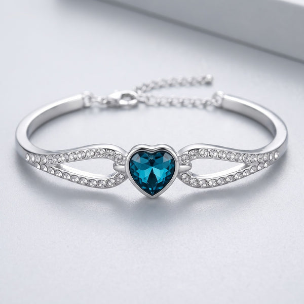 Blue Heart Bangle Bracelet Silver Tone Crystal Bracelet for Women Adjustable