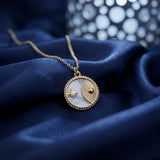 Celestial Necklace Sun Star Coin Necklace Pearl Effect Gold Tone Chain Necklace