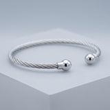 Silver Tone Twisted Wire Bangle Bracelet Open Cuff Ball Ends Adjustable Bracelet