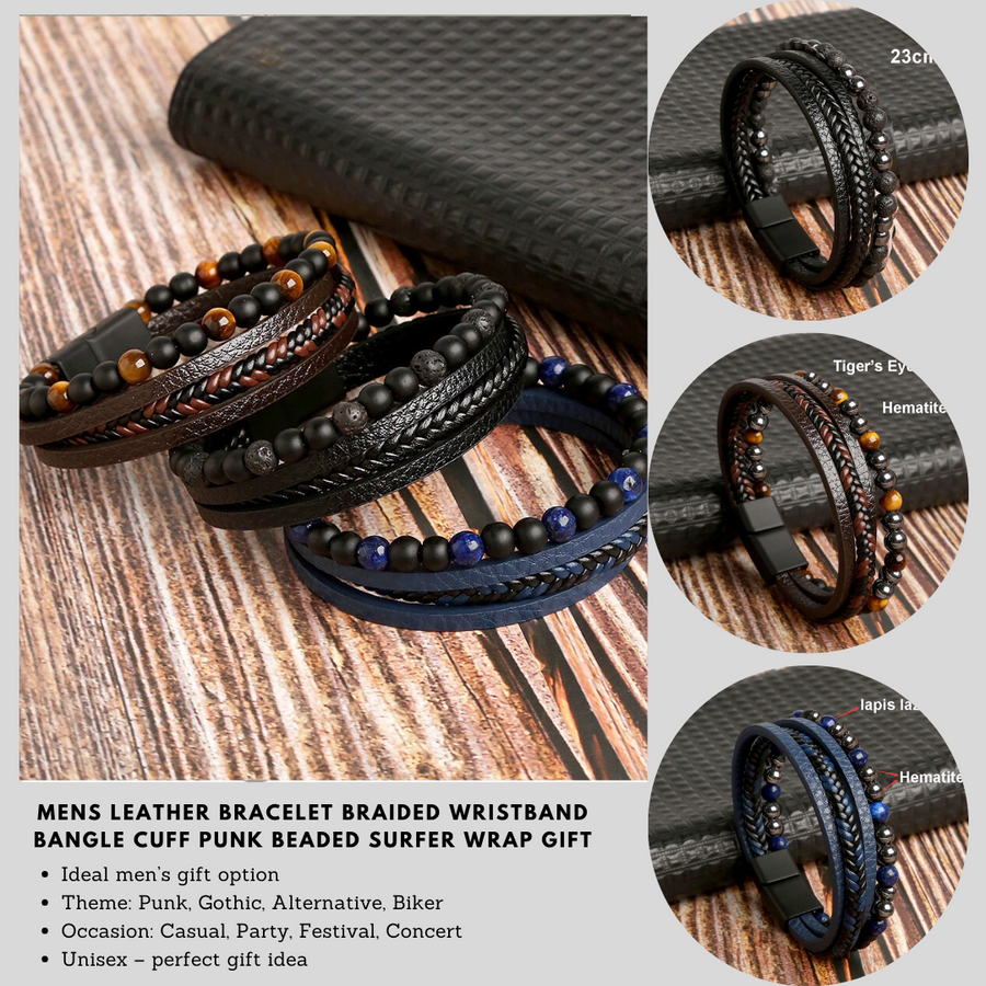 Men’s Braided Leather Bracelet Wristband Punk Beaded Surfer Wrap Gift UK