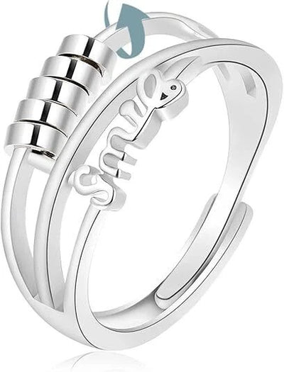 925 Sterling Silver Adjustable Open Ring Smile Design Anti Anxiety Beaded Band