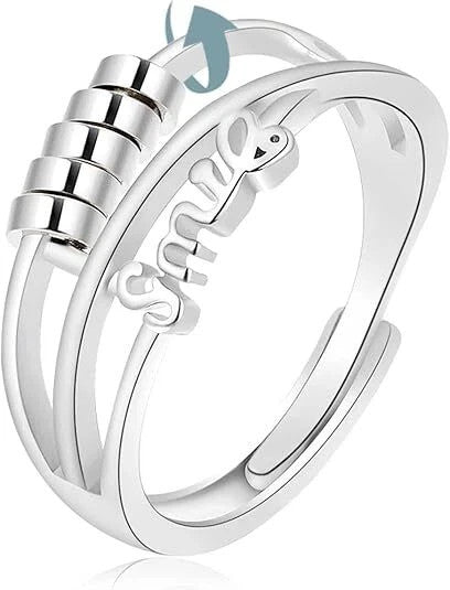 925 Sterling Silver Adjustable Open Ring Smile Design Anti Anxiety Beaded Band