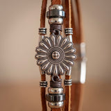 Multi Strand Bracelet Daisy Flower Charm Silver Tone Leather - Brown Bracelet