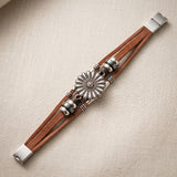 Multi Strand Bracelet Daisy Flower Charm Silver Tone Leather - Brown Bracelet
