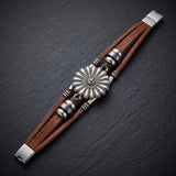 Multi Strand Bracelet Daisy Flower Charm Silver Tone Leather - Brown Bracelet