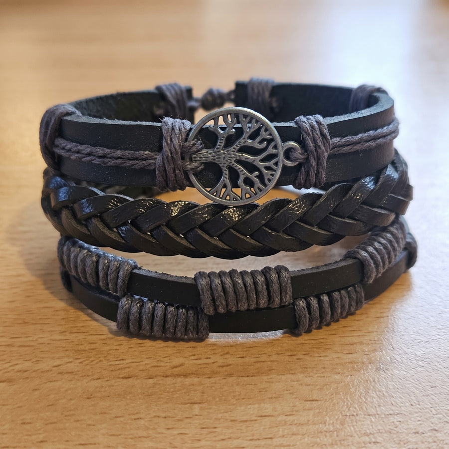 Tree of Life Bracelet Black Braided Leather Multi Strand Bracelet - Unisex