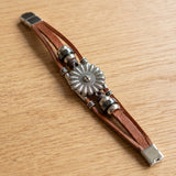 Multi Strand Bracelet Daisy Flower Charm Silver Tone Leather - Brown Bracelet