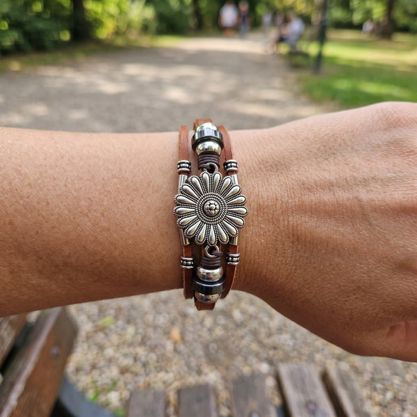 Multi Strand Bracelet Daisy Flower Charm Silver Tone Leather - Brown Bracelet