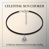 Silver Tone Sun Pendant Black Cord Choker Necklace Adjustable Boho Necklace