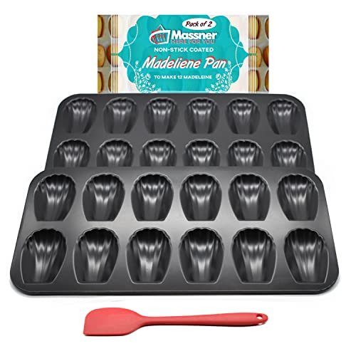 Massner 2 Pack Non-Stick Coated 12 Cup Madeleine Shell Shape Pan Trays Complete with Red Spatula and Baking Recipe 