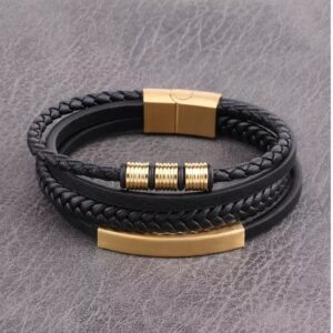 mens black leather bracelet wristband stainless steel clasp jewellery gift uk